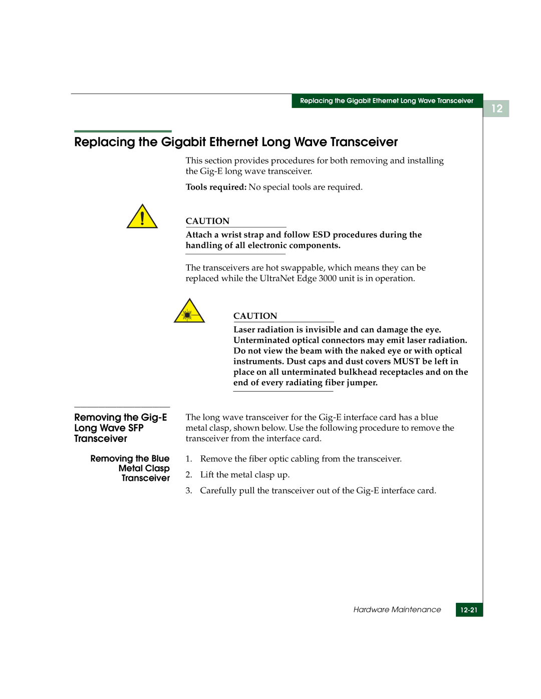 McDATA 3000 manual Replacing the Gigabit Ethernet Long Wave Transceiver, Removing the Gig-E Long Wave SFP Transceiver 