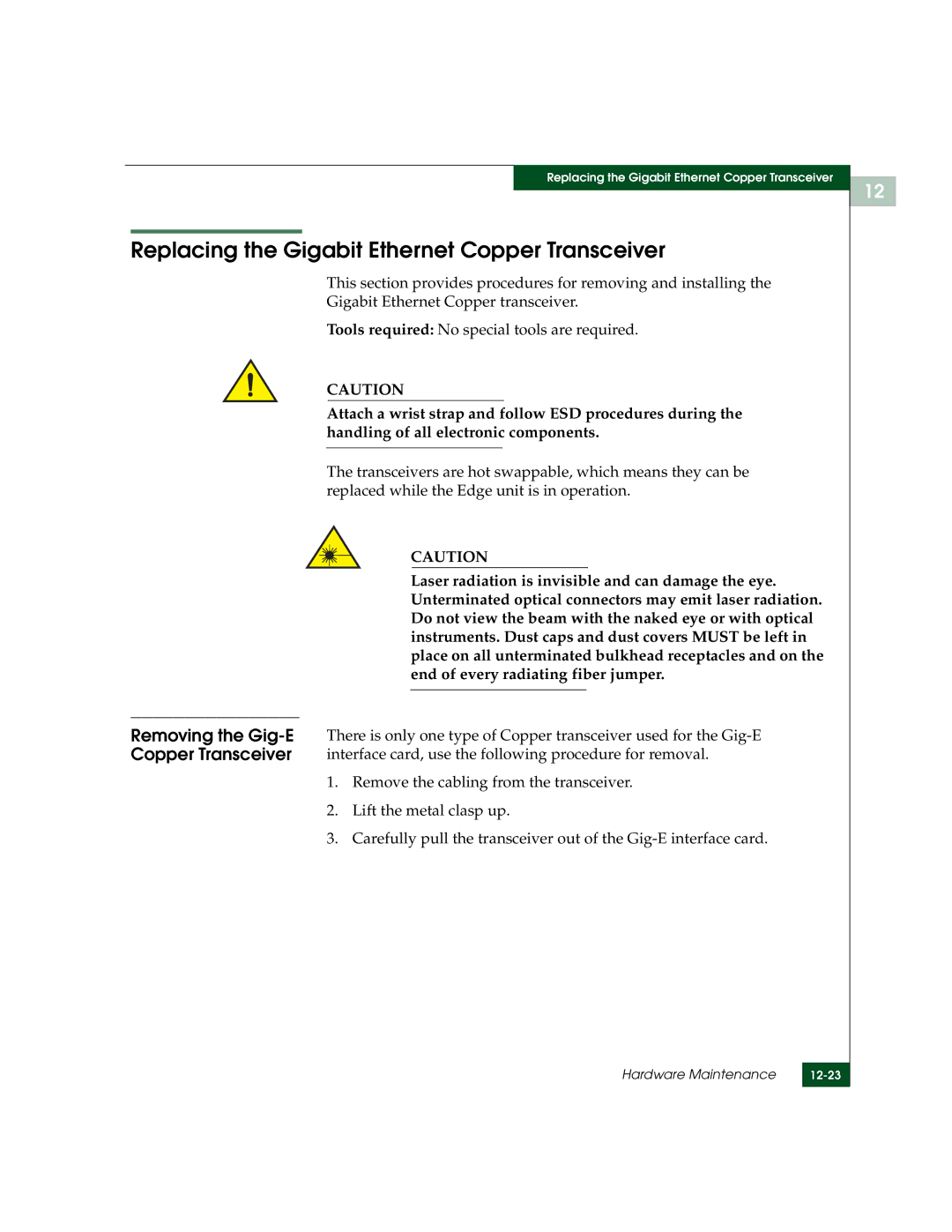 McDATA 3000 manual Replacing the Gigabit Ethernet Copper Transceiver 