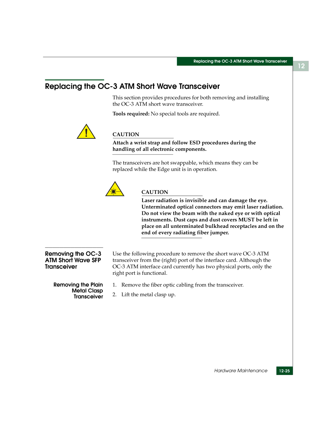 McDATA 3000 manual Replacing the OC-3 ATM Short Wave Transceiver, Removing the OC-3 ATM Short Wave SFP Transceiver 