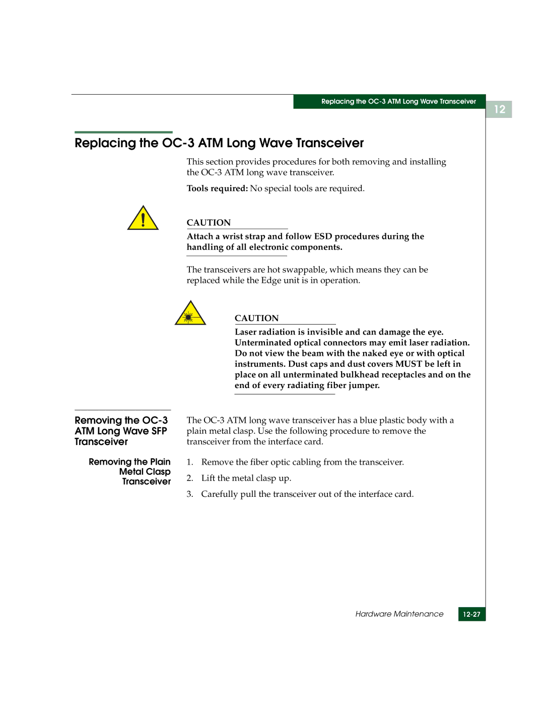 McDATA 3000 manual Replacing the OC-3 ATM Long Wave Transceiver, Removing the OC-3 ATM Long Wave SFP Transceiver 