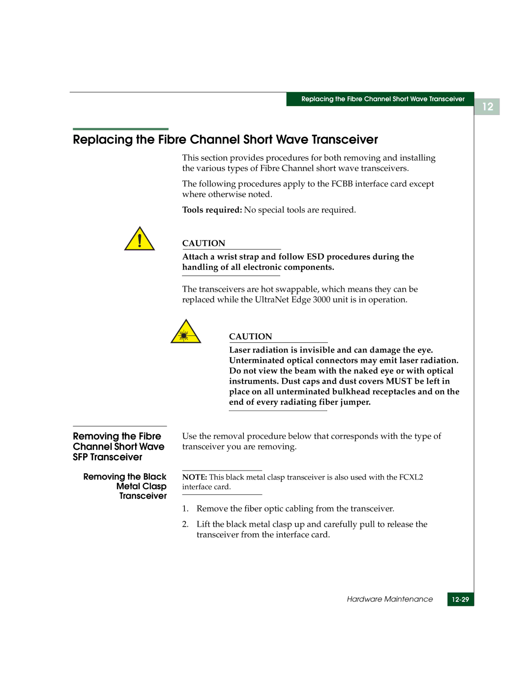 McDATA 3000 manual Replacing the Fibre Channel Short Wave Transceiver 