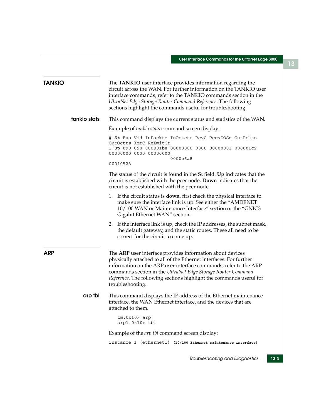 McDATA 3000 manual Sections highlight the commands useful for troubleshooting, Tankio stats, Arp tbl 