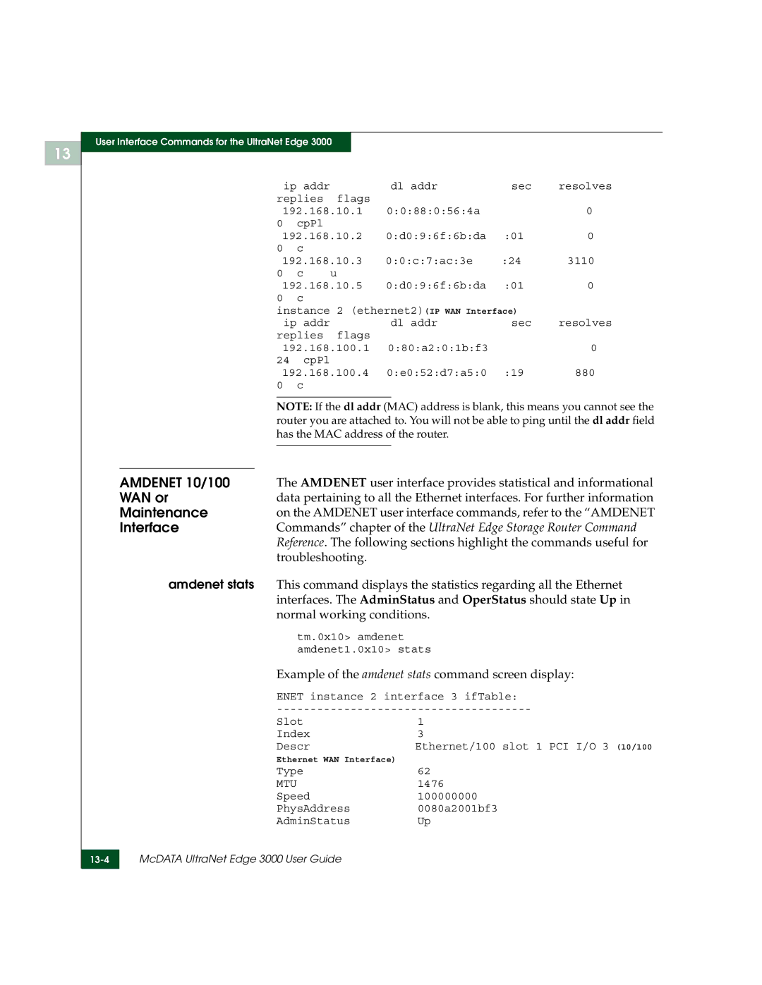 McDATA 3000 manual Amdenet 10/100, WAN or, Maintenance, Amdenet stats 