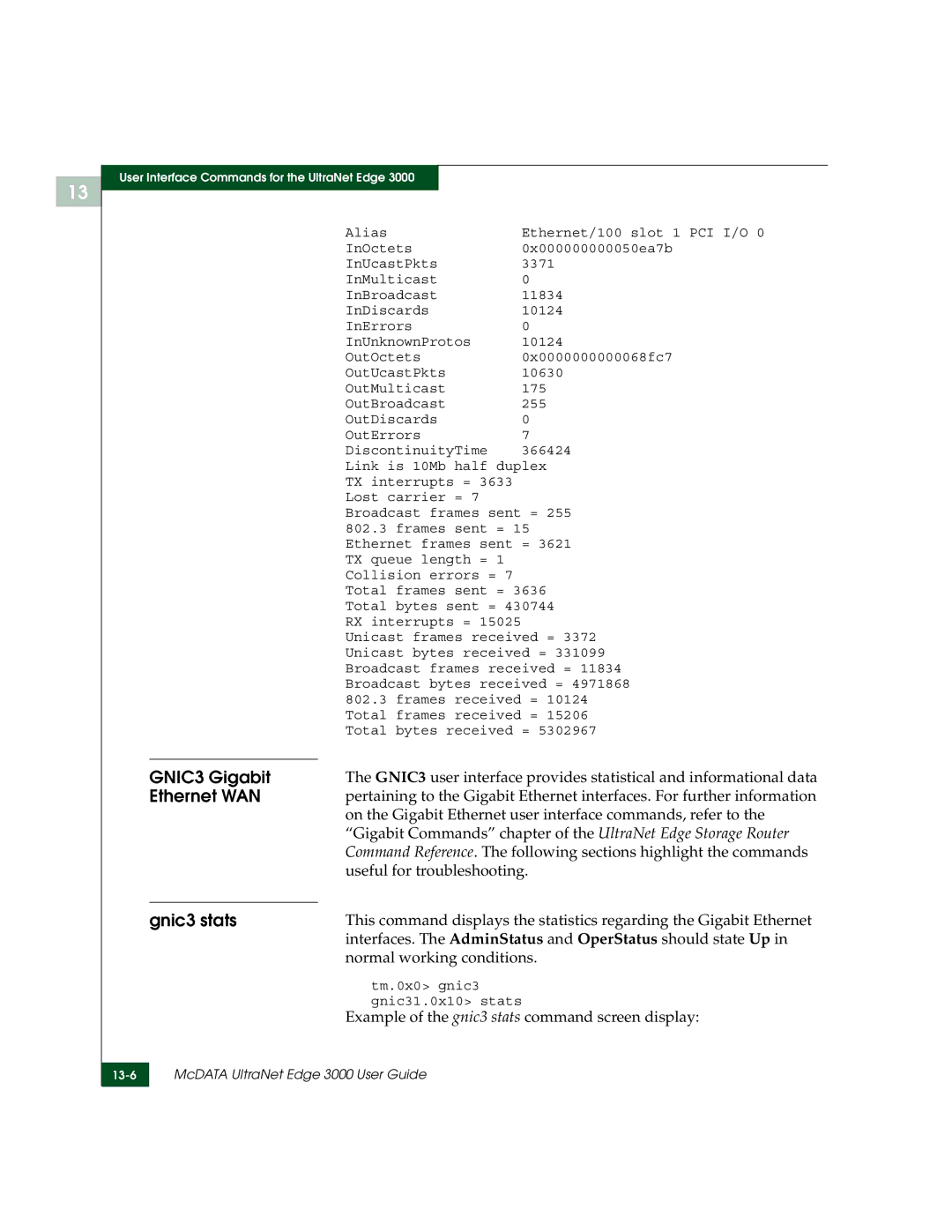 McDATA 3000 manual GNIC3 Gigabit, Ethernet WAN, Gnic3 stats 