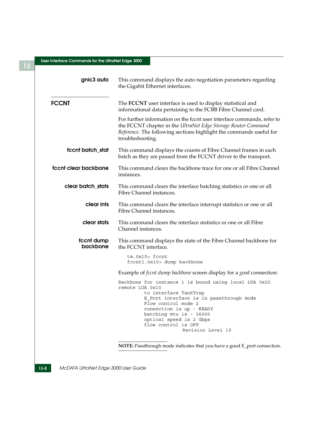 McDATA 3000 manual Gnic3 auto, Fccnt batchstat, Fccnt clear backbone, Clear batchstats, Clear ints, Clear stats, Fccnt dump 