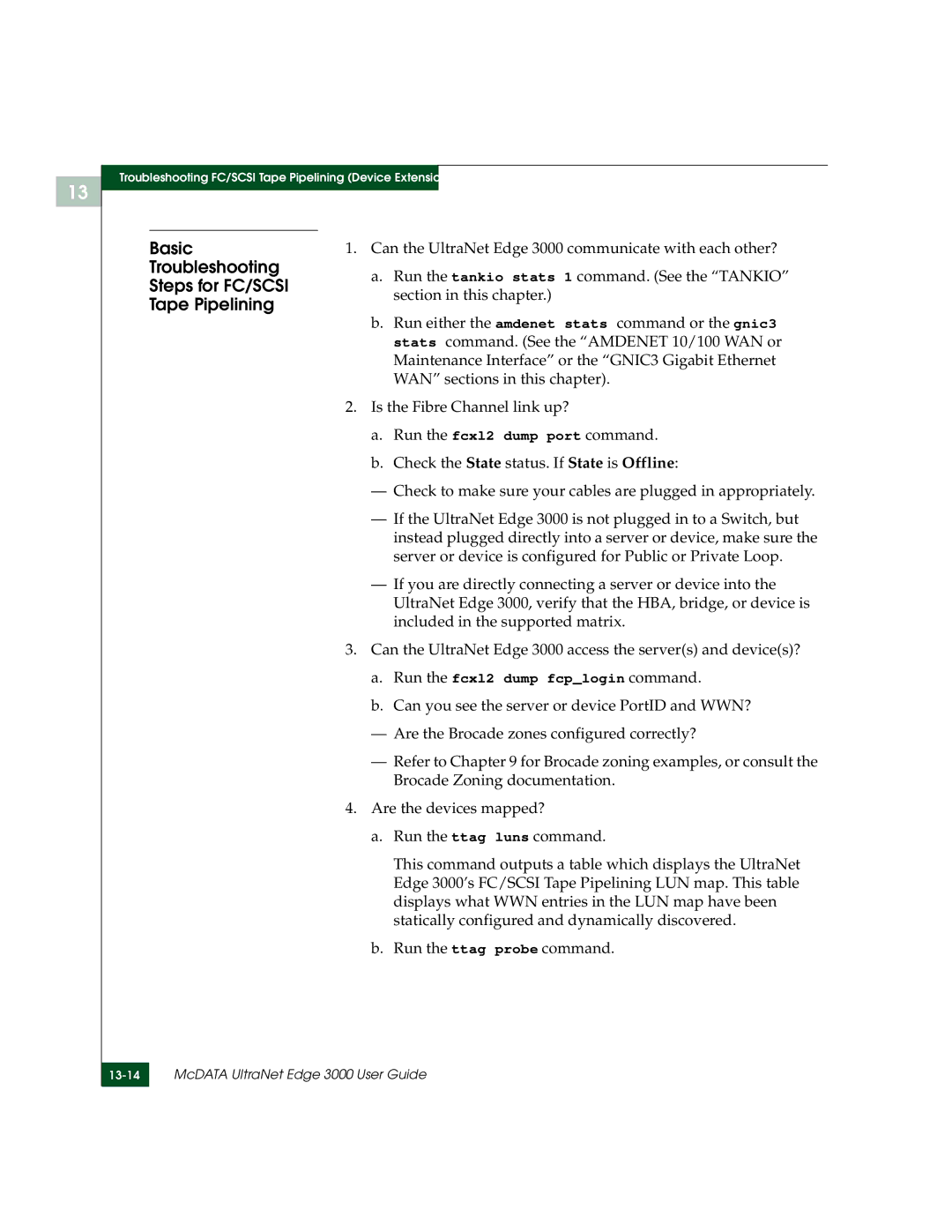 McDATA 3000 manual Basic Troubleshooting Steps for FC/SCSI Tape Pipelining 