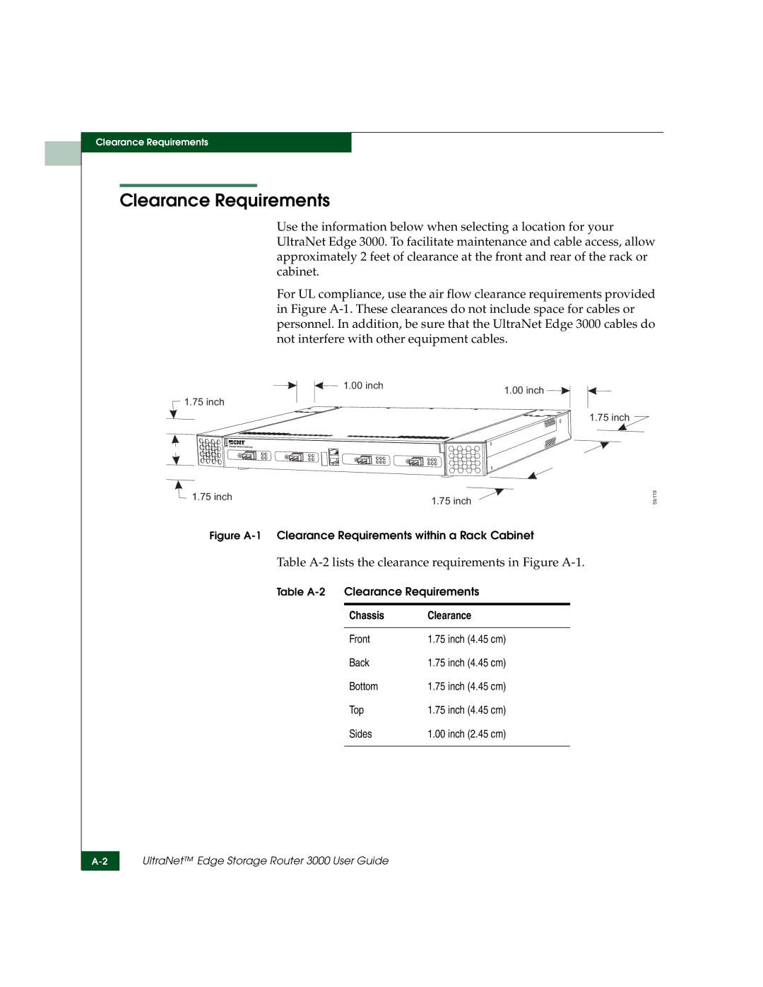 McDATA 3000 manual Clearance Requirements, Table A-2 lists the clearance requirements in Figure A-1, Chassis Clearance 