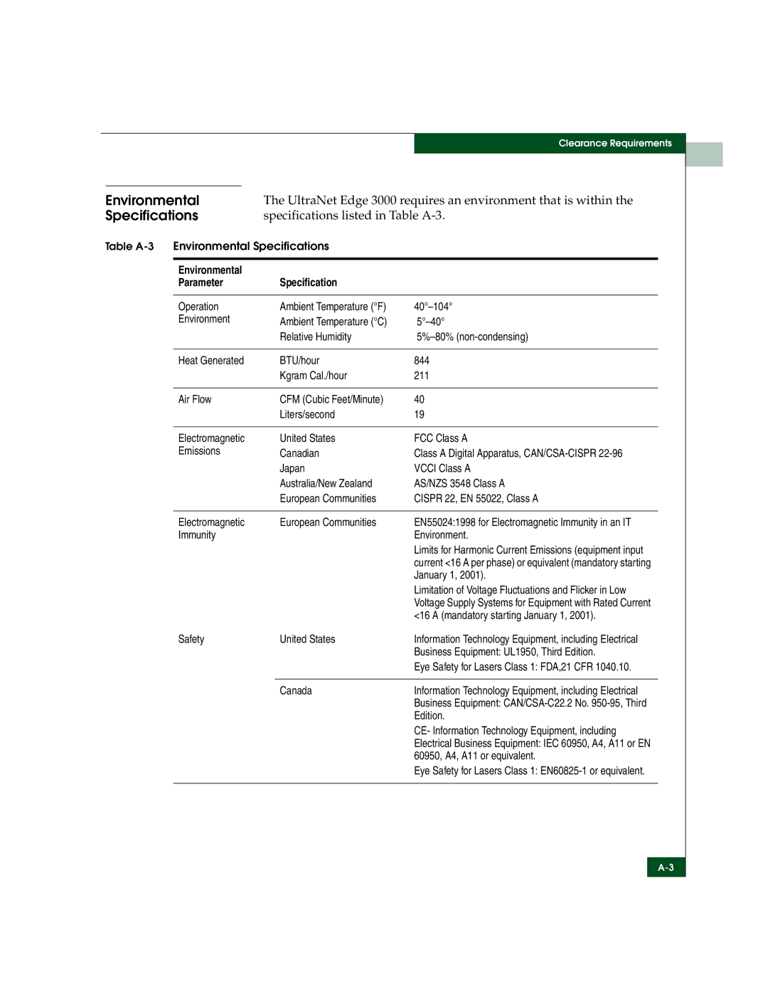 McDATA manual Environmental, Specifications, UltraNet Edge 3000 requires an environment that is within 