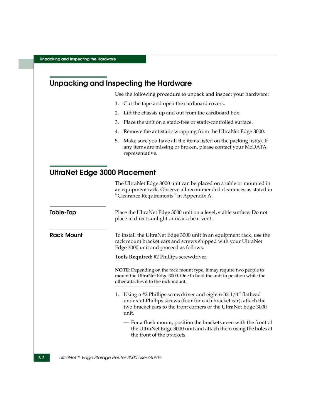 McDATA manual Unpacking and Inspecting the Hardware, UltraNet Edge 3000 Placement, Table-Top, Rack Mount 