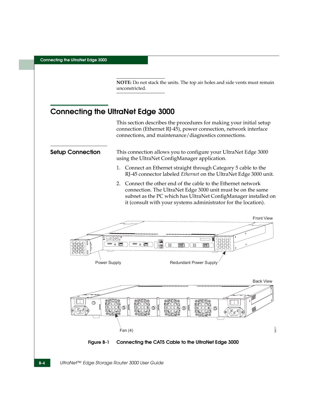 McDATA 3000 manual Connecting the UltraNet Edge, Figure B-1Connecting the CAT5 Cable to the UltraNet Edge 