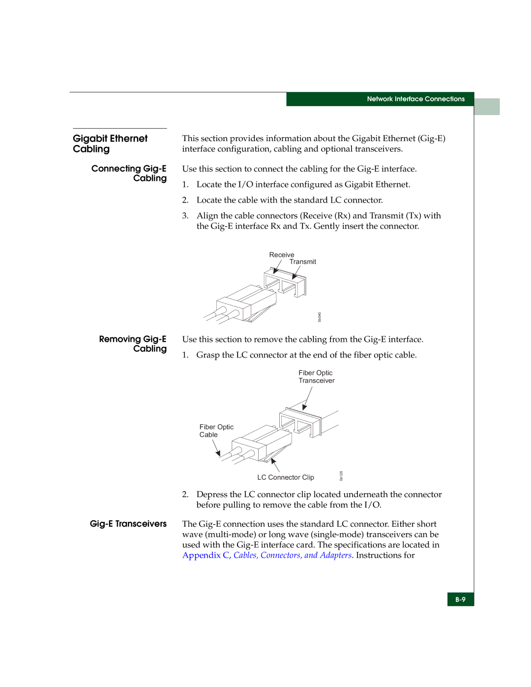 McDATA 3000 manual Interface configuration, cabling and optional transceivers, Connecting Gig-E, Cabling, Removing Gig-E 