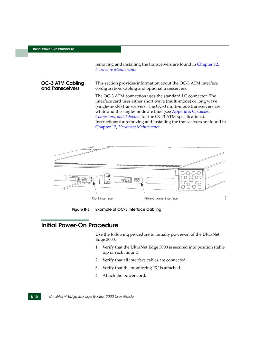 McDATA 3000 manual Initial Power-On Procedure, OC-3 ATM Cabling, Transceivers 