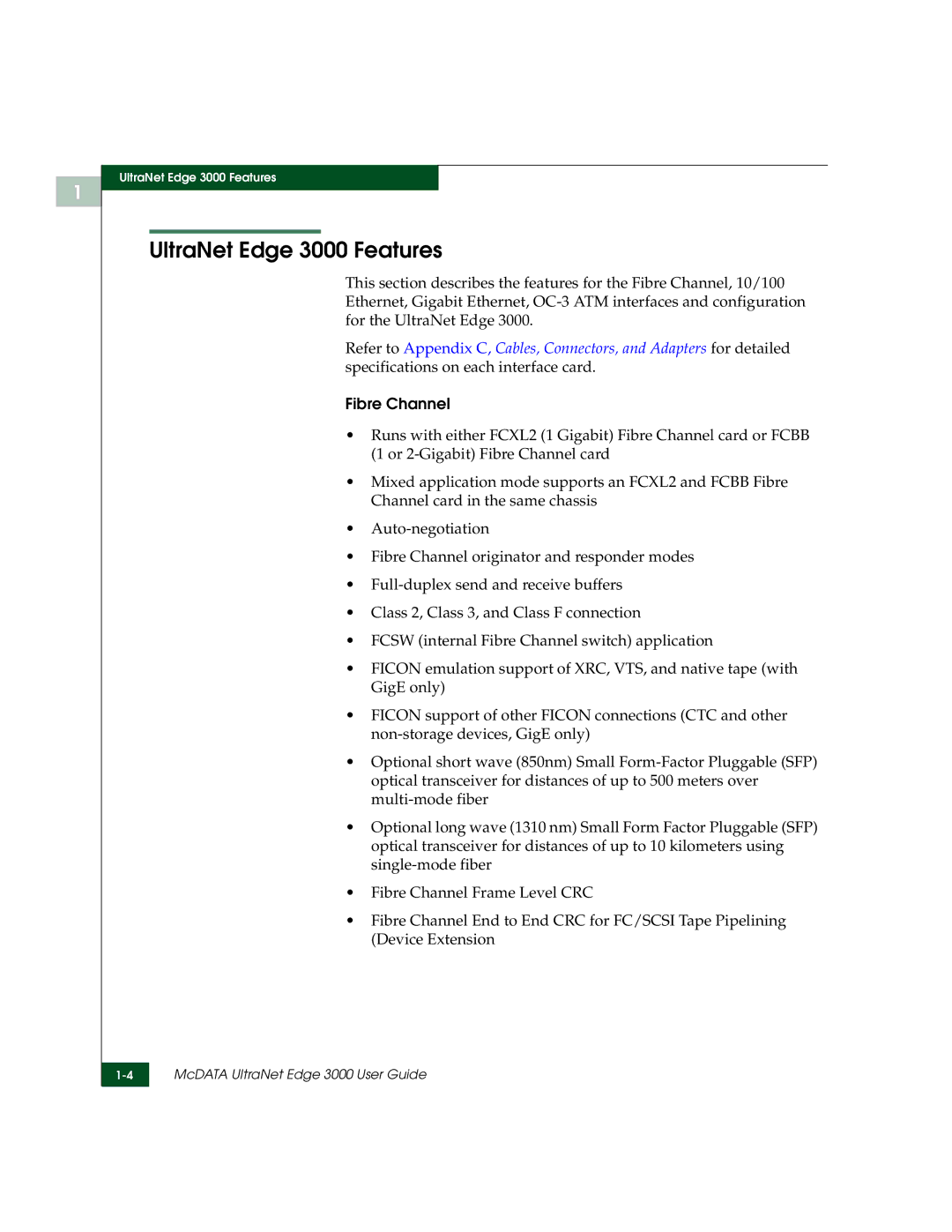 McDATA manual UltraNet Edge 3000 Features, Fibre Channel 