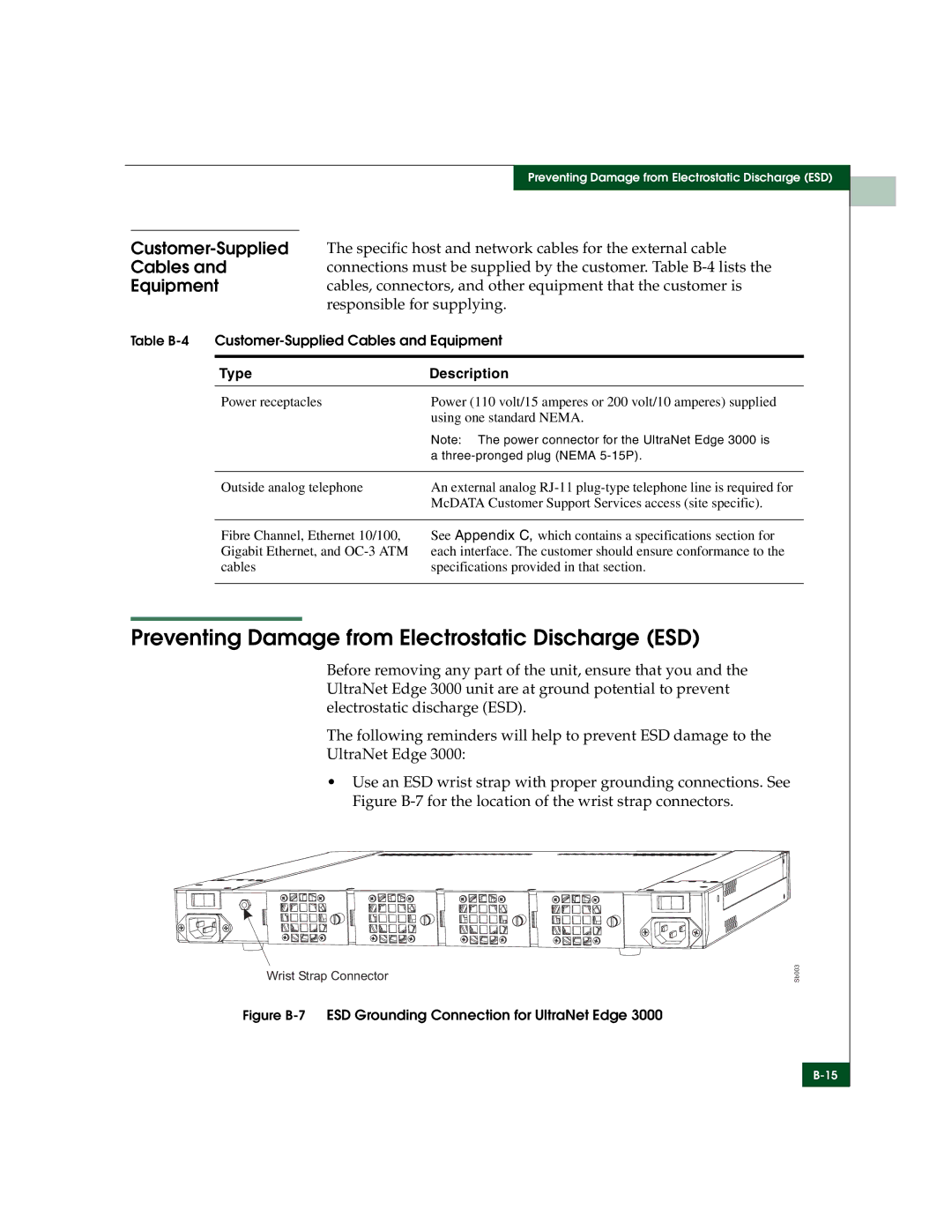 McDATA 3000 manual Preventing Damage from Electrostatic Discharge ESD, Customer-Supplied, Cables 