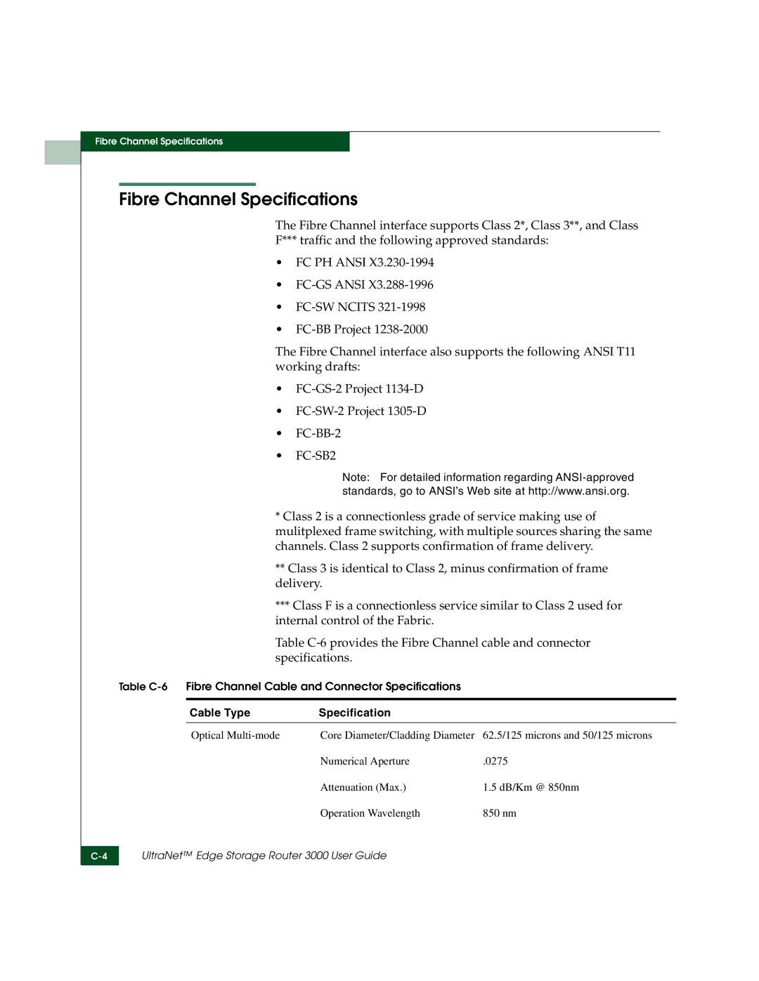 McDATA 3000 manual Fibre Channel Specifications, Cable Type Specification 