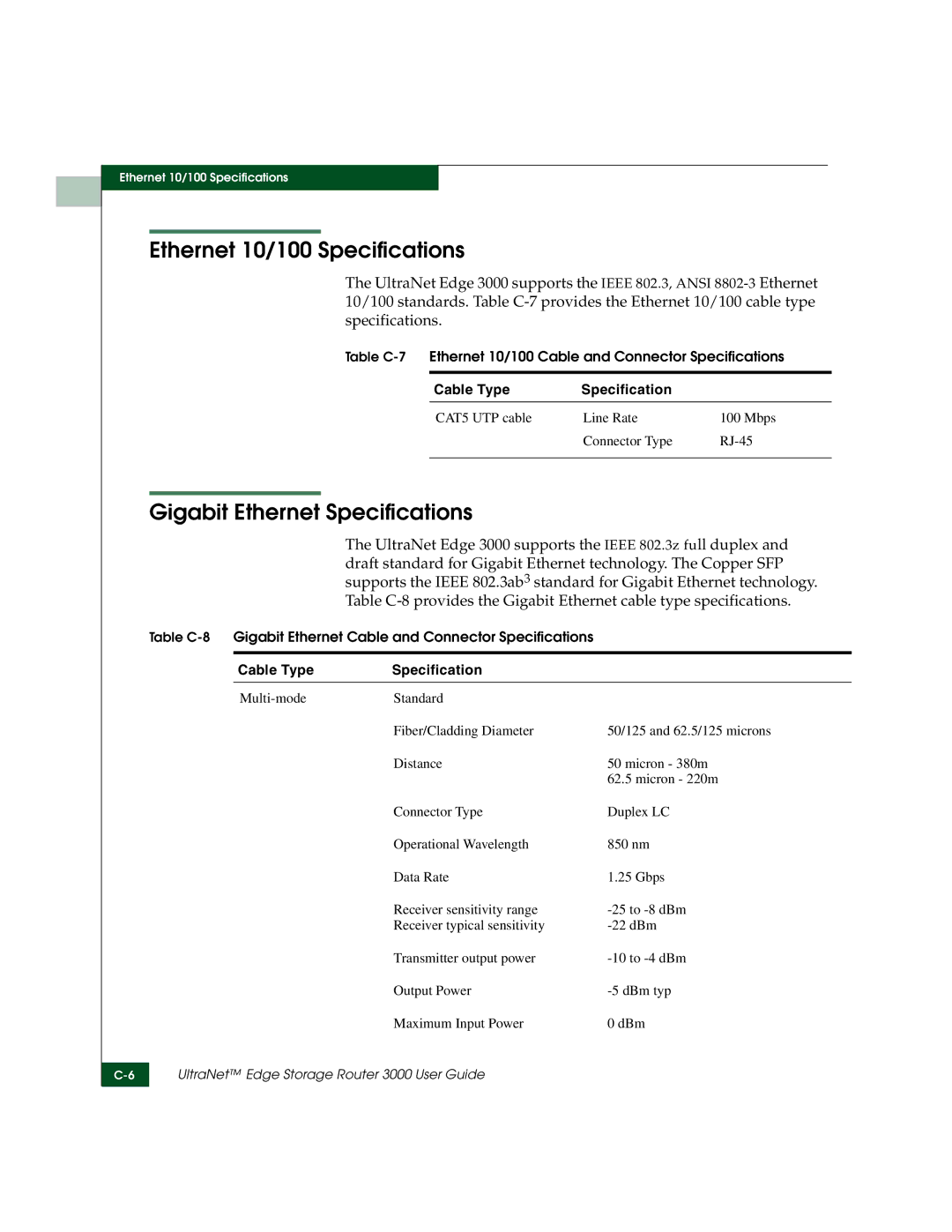 McDATA 3000 manual Ethernet 10/100 Specifications, Gigabit Ethernet Specifications 