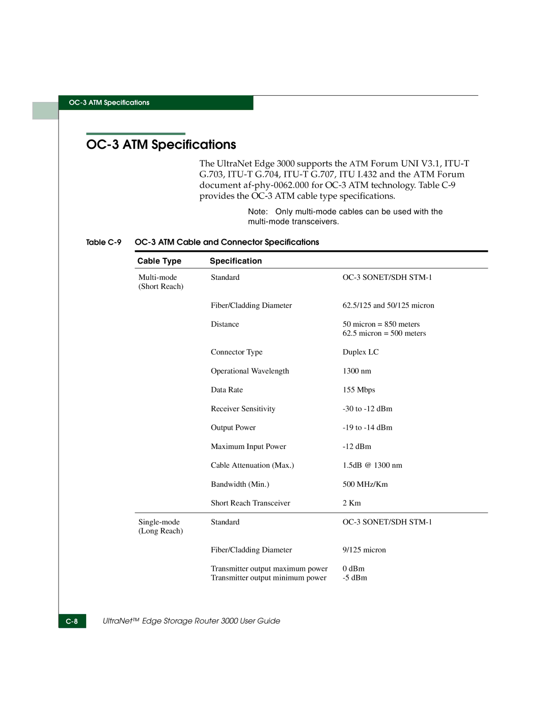 McDATA 3000 manual OC-3 ATM Specifications, OC-3 SONET/SDH STM-1 