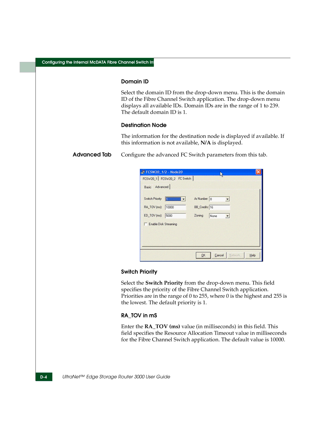 McDATA 3000 manual Domain ID, Destination Node, Switch Priority, Ratov in mS 