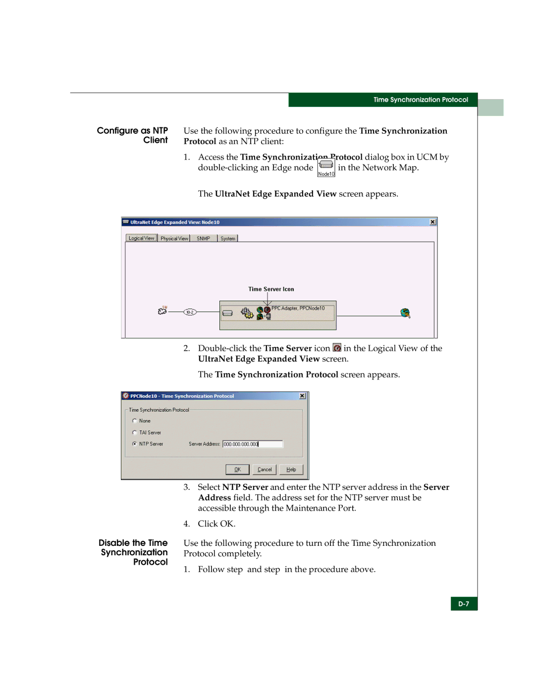 McDATA 3000 manual UltraNet Edge Expanded View screen appears, Time Synchronization Protocol screen appears 