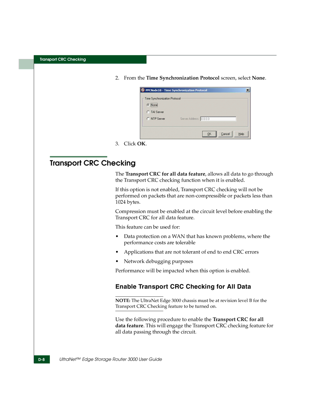 McDATA 3000 manual Transport CRC Checking, From the Time Synchronization Protocol screen, select None 