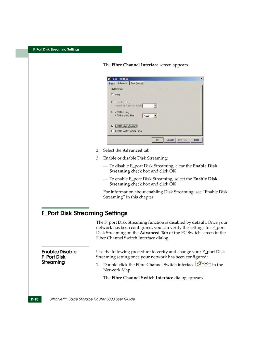 McDATA 3000 FPort Disk Streaming Settings, Enable/Disable FPort Disk Streaming, Fibre Channel Interface screen appears 