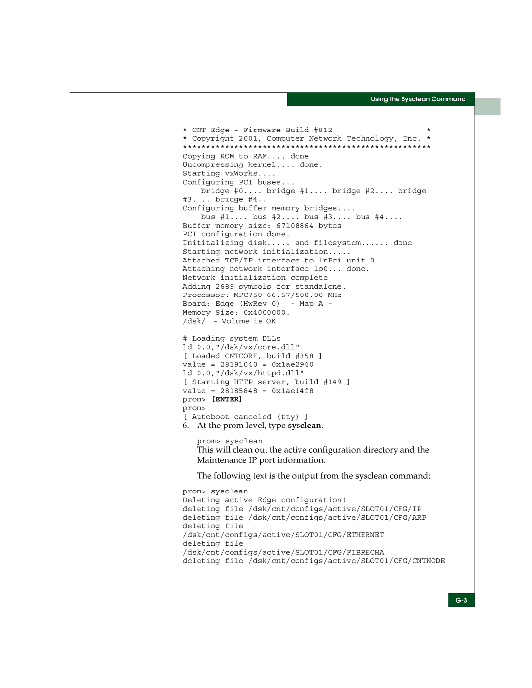 McDATA 3000 manual At the prom level, type sysclean 