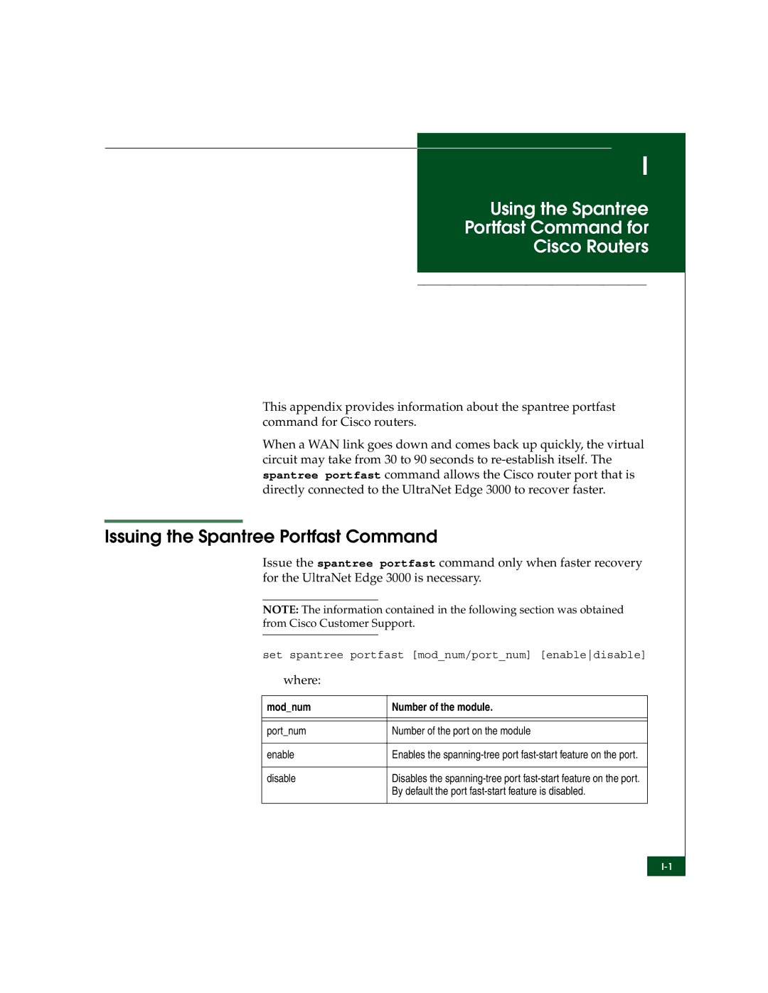 McDATA 3000 manual Using the Spantree Portfast Command for Cisco Routers, Issuing the Spantree Portfast Command, Where 