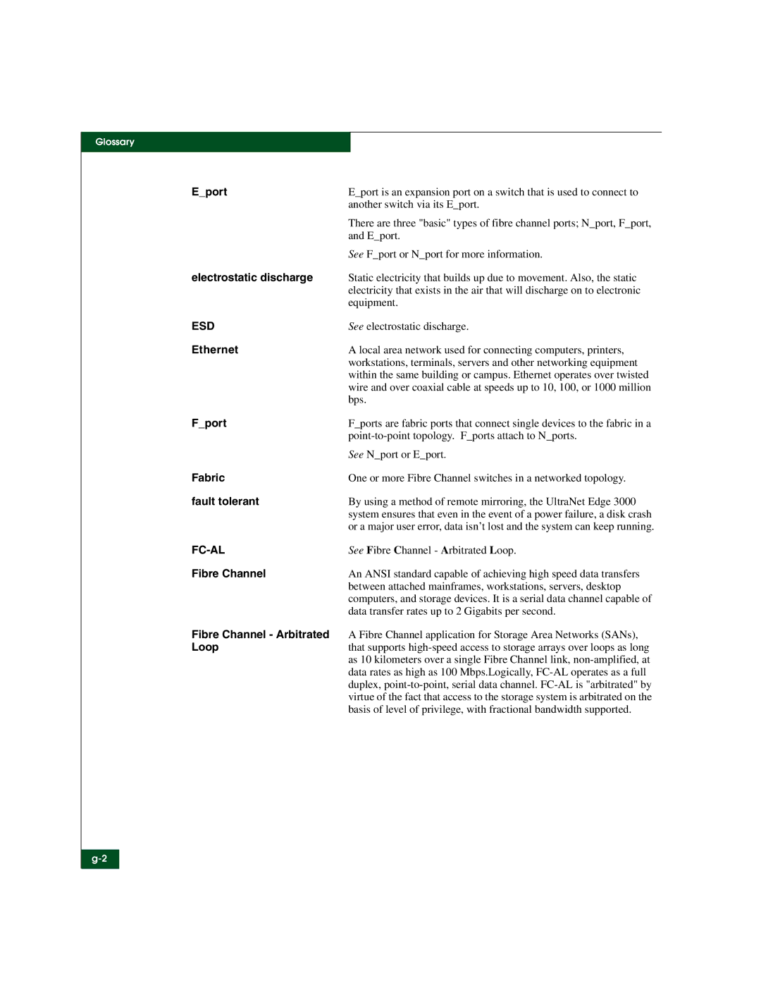 McDATA 3000 manual Eport, Electrostatic discharge, Ethernet, Fport, Fabric, Fault tolerant, Fibre Channel, Loop 