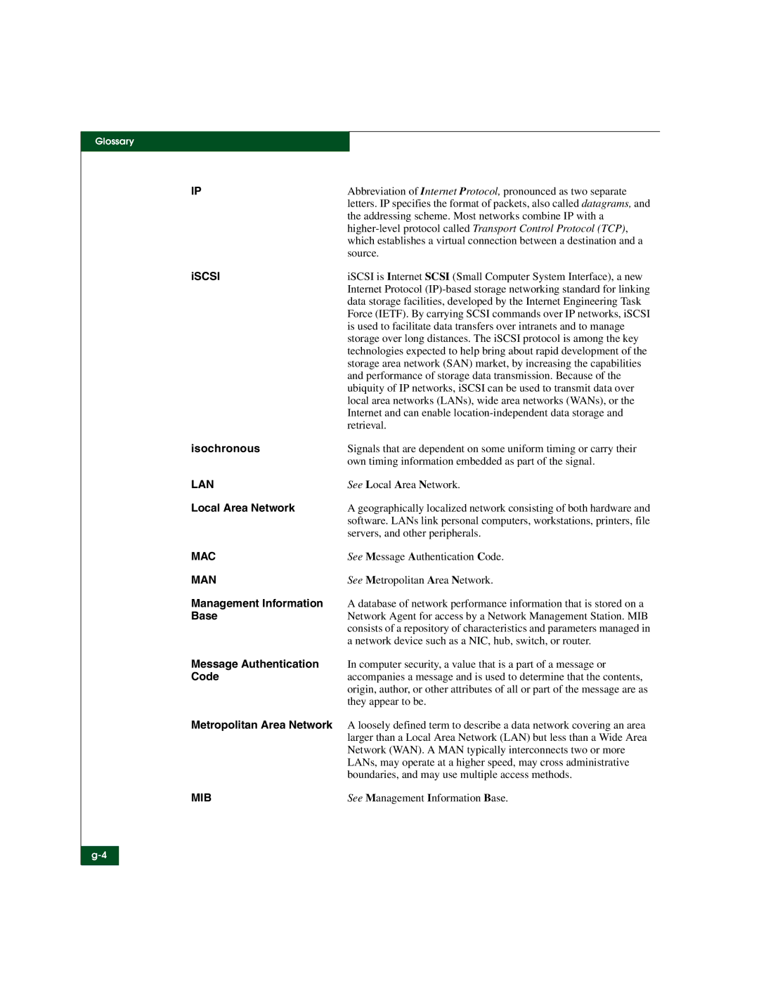 McDATA 3000 manual Iscsi, Isochronous, Local Area Network, Management Information, Base, Message Authentication, Code 