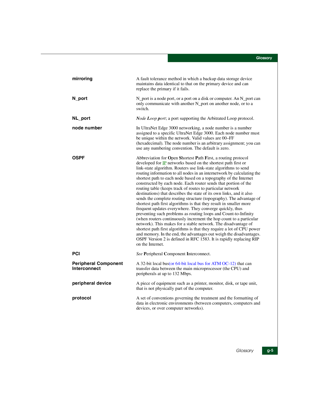 McDATA 3000 manual Mirroring, Nport, NLport, Node number, Peripheral Component, Interconnect, Peripheral device, Protocol 