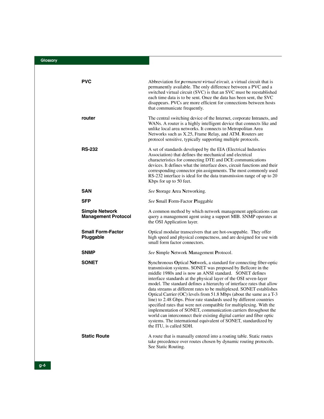 McDATA 3000 manual Router, RS-232, Simple Network, Management Protocol, Small Form-Factor, Pluggable, Static Route 