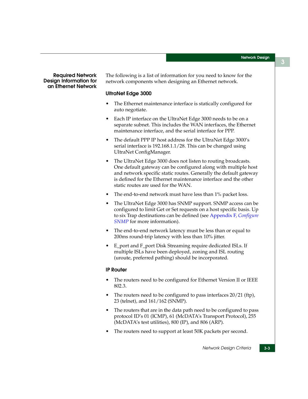 McDATA 3000 manual Required Network Design Information for an Ethernet Network, UltraNet Edge, IP Router 