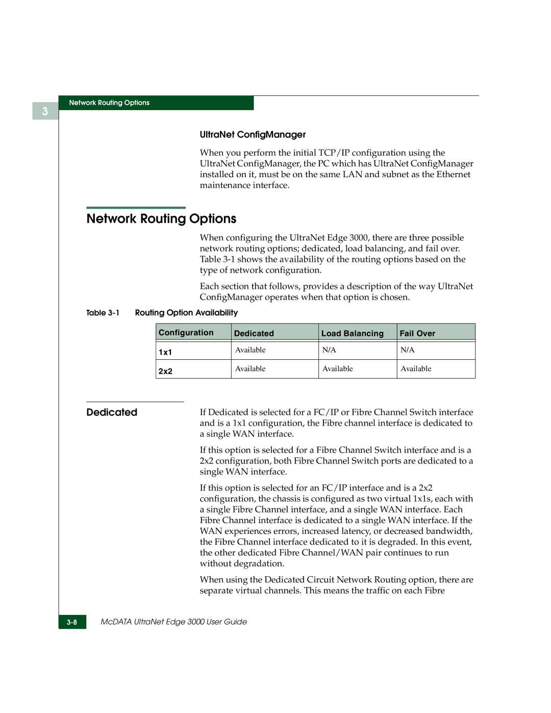 McDATA 3000 manual Network Routing Options, Dedicated, UltraNet ConfigManager 