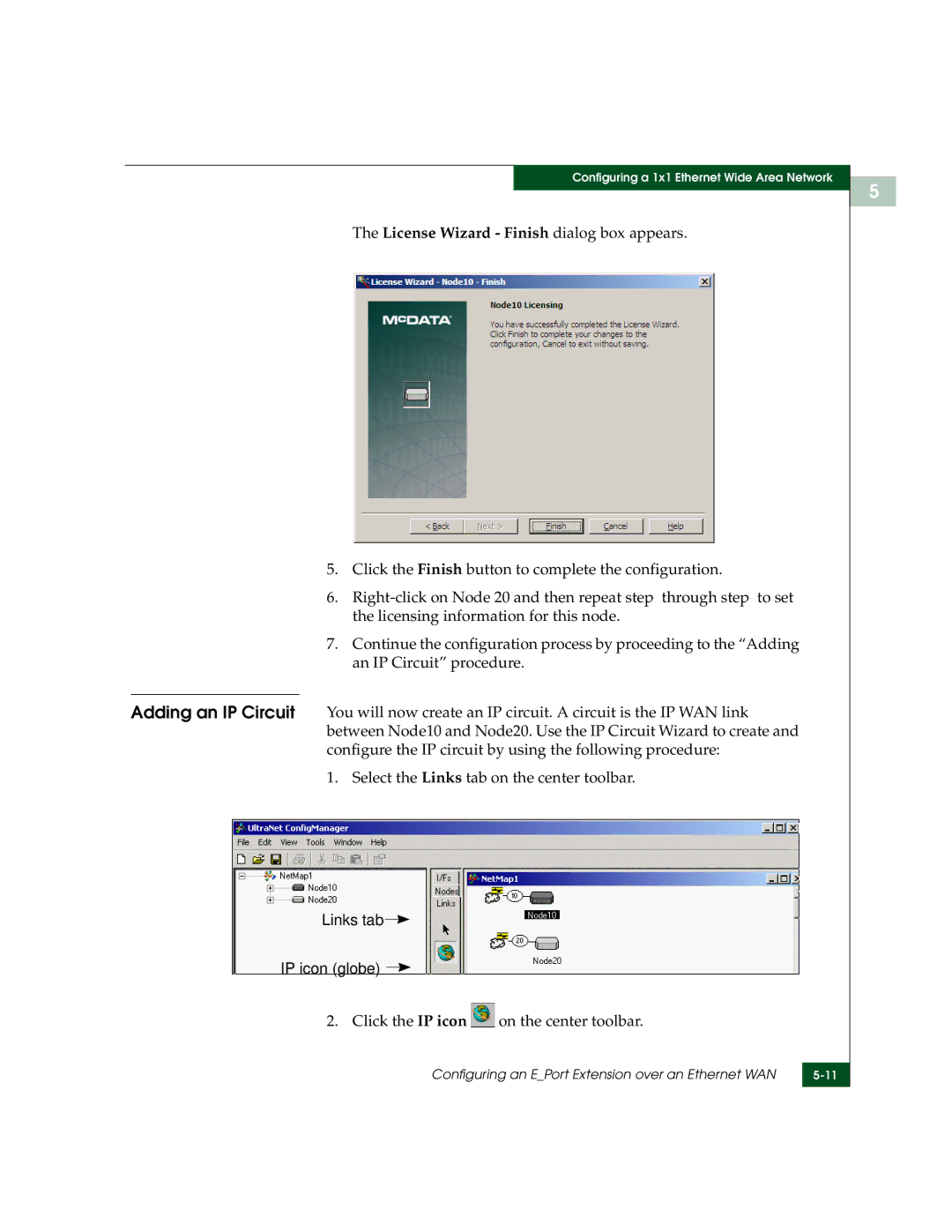 McDATA 3000 License Wizard Finish dialog box appears, Links tab IP icon globe, Click the IP icon on the center toolbar 