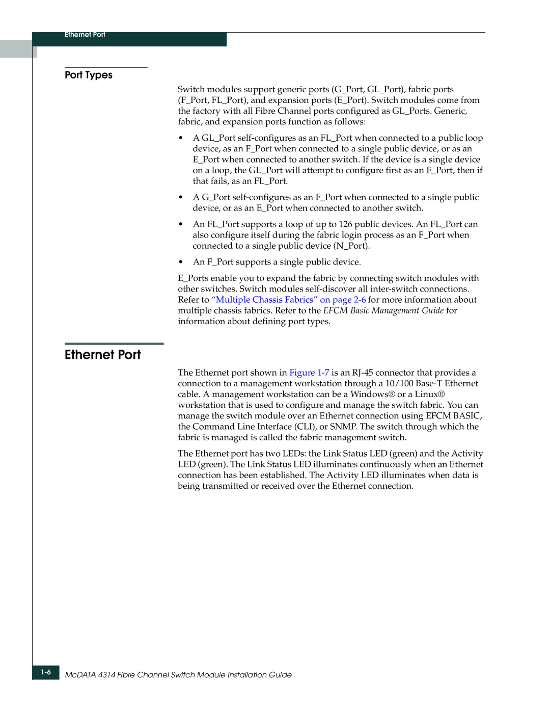 McDATA 4314 manual Ethernet Port, Port Types 