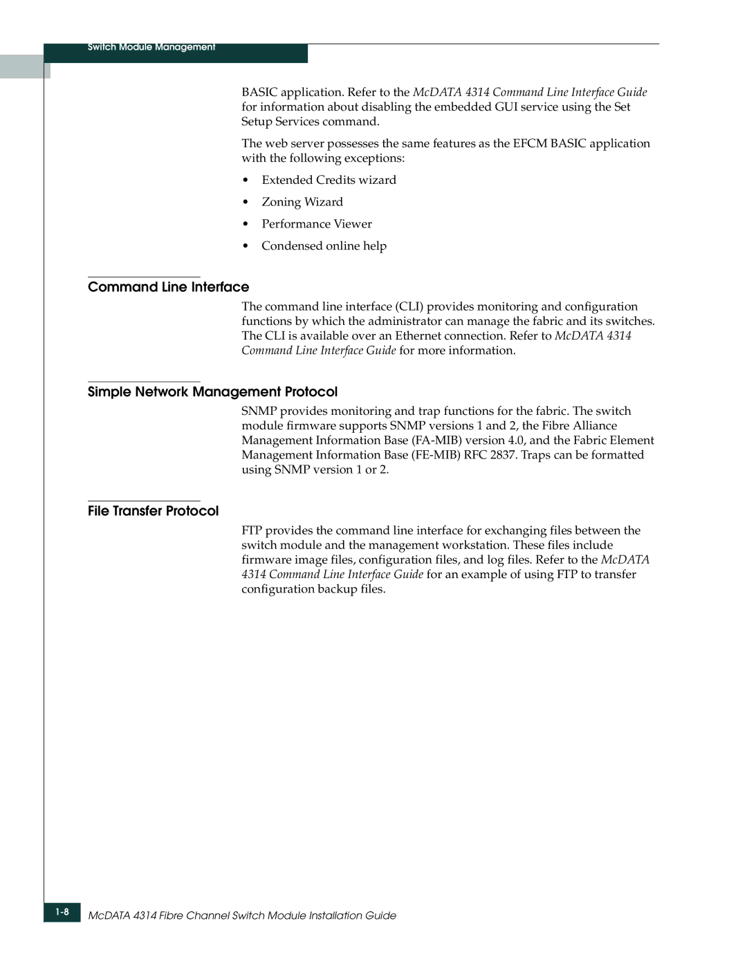 McDATA 4314 manual Command Line Interface, Simple Network Management Protocol, File Transfer Protocol 