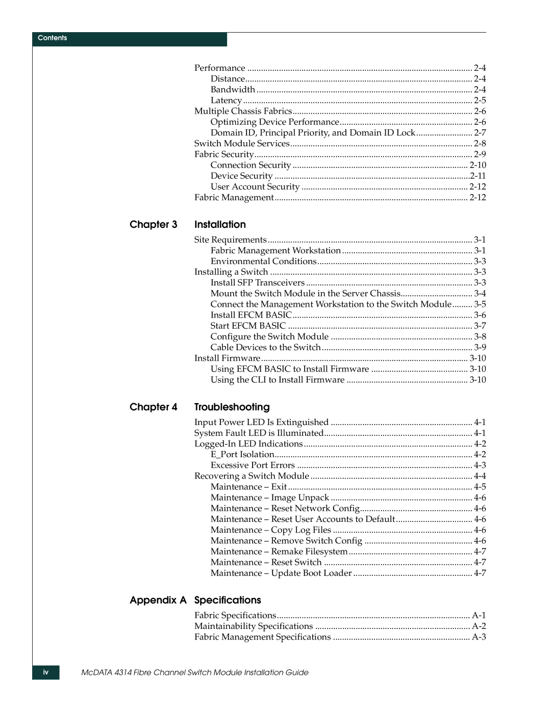 McDATA 4314 manual Chapter Installation, Chapter Troubleshooting, Appendix a Specifications 