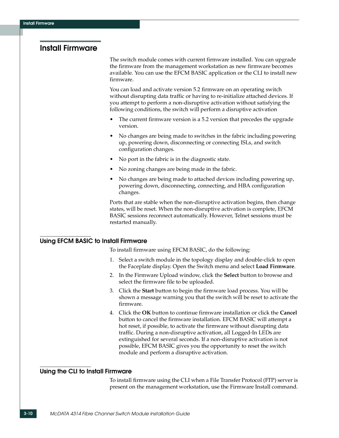 McDATA 4314 manual Using Efcm Basic to Install Firmware, Using the CLI to Install Firmware 