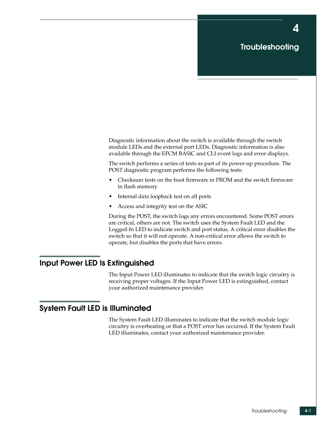 McDATA 4314 manual Troubleshooting, Input Power LED Is Extinguished, System Fault LED is Illuminated 