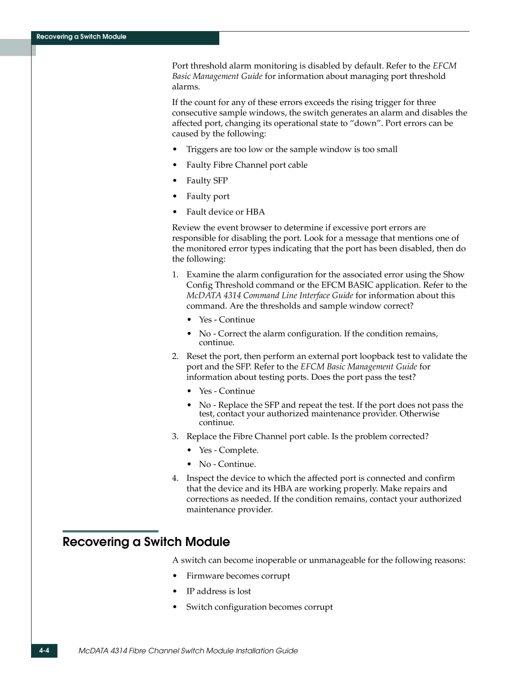 McDATA 4314 manual Recovering a Switch Module 