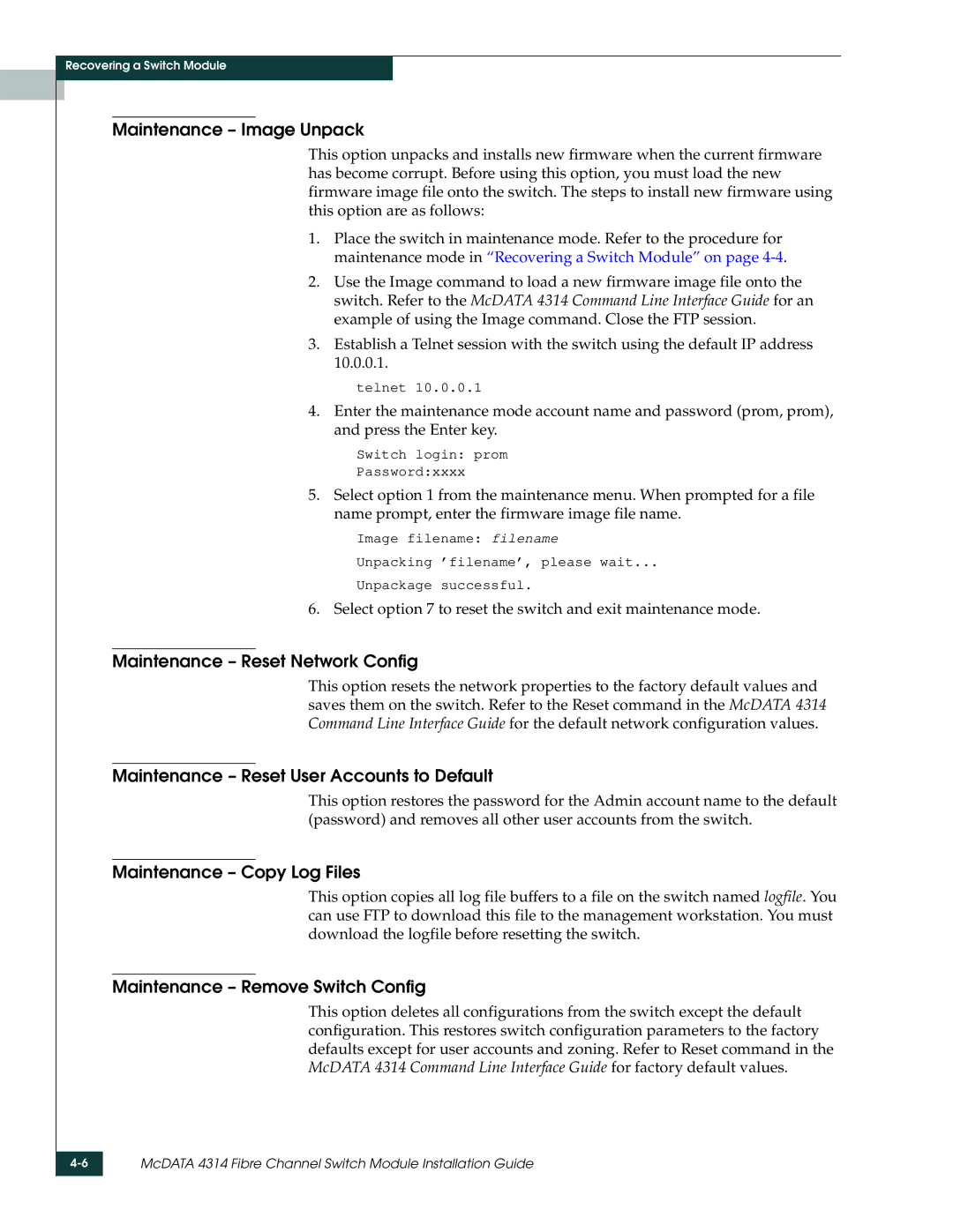 McDATA 4314 manual Maintenance Image Unpack, Maintenance Reset Network Config, Maintenance Reset User Accounts to Default 