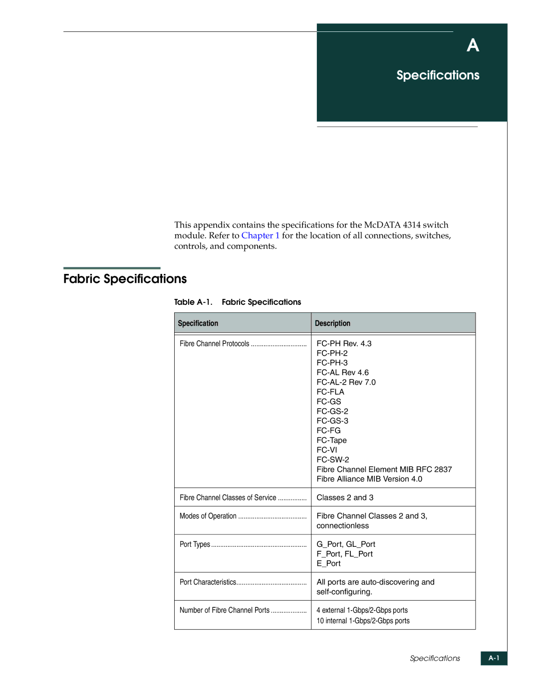 McDATA 4314 manual Fabric Specifications 