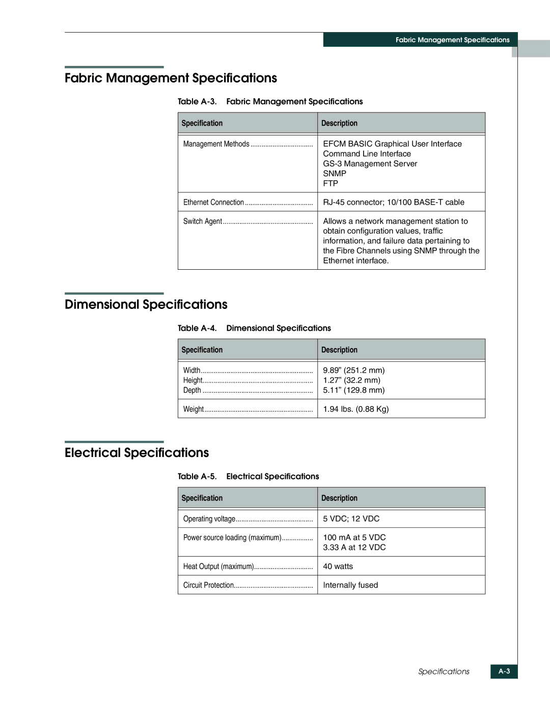 McDATA 4314 manual Fabric Management Specifications, Dimensional Specifications, Electrical Specifications 