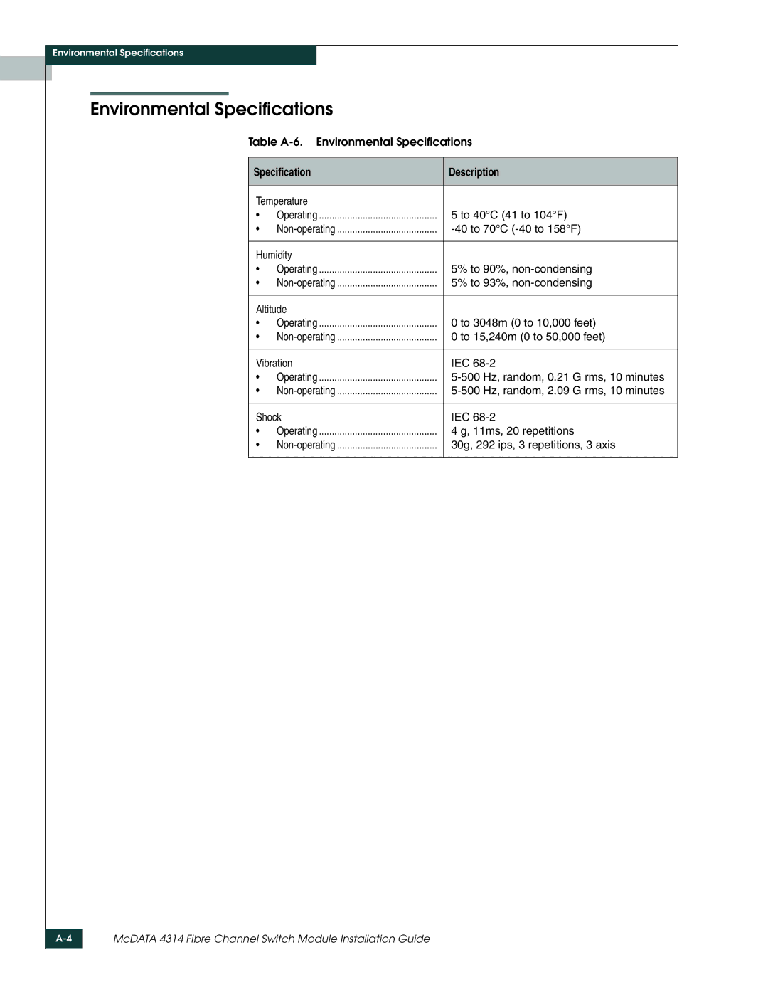 McDATA 4314 manual Environmental Specifications 