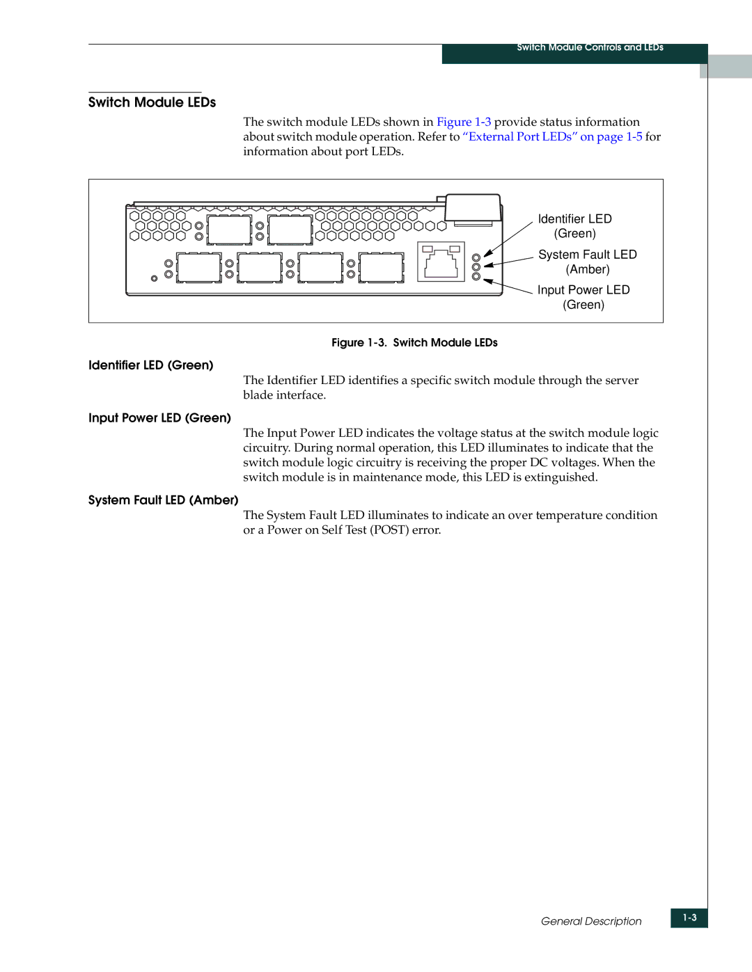 McDATA 4416 manual Switch Module LEDs, Identifier LED Green System Fault LED Amber Input Power LED, Input Power LED Green 