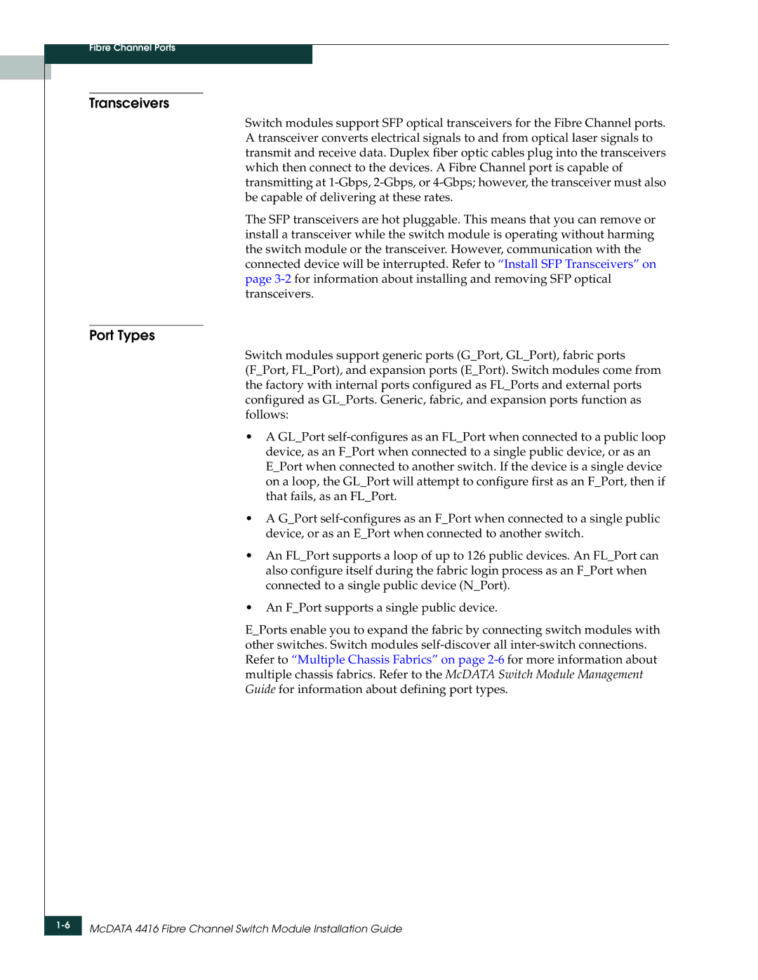 McDATA 4416 manual Transceivers, Port Types 