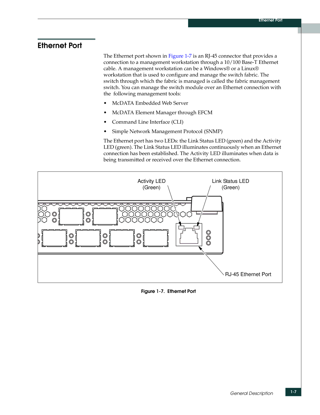 McDATA 4416 manual Activity LED, Green RJ-45 Ethernet Port 