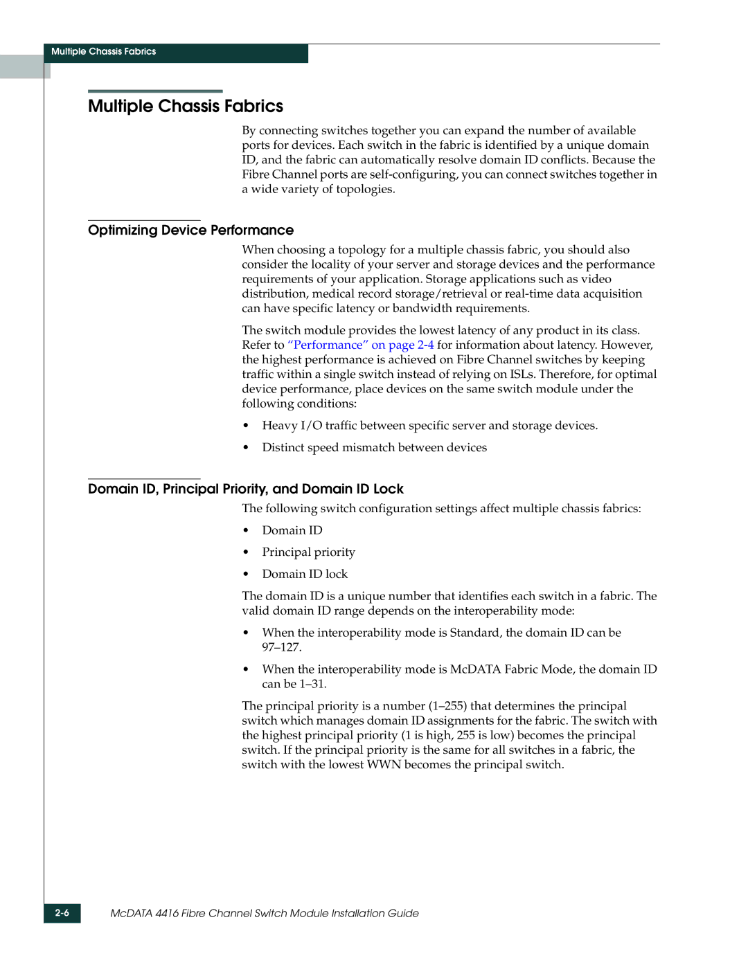 McDATA 4416 Multiple Chassis Fabrics, Optimizing Device Performance, Domain ID, Principal Priority, and Domain ID Lock 