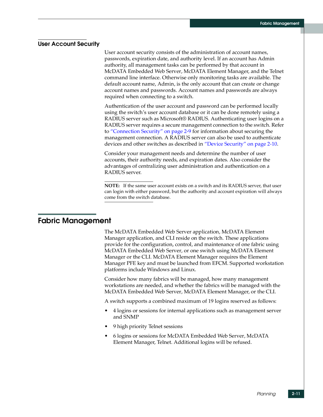 McDATA 4416 manual Fabric Management, User Account Security 