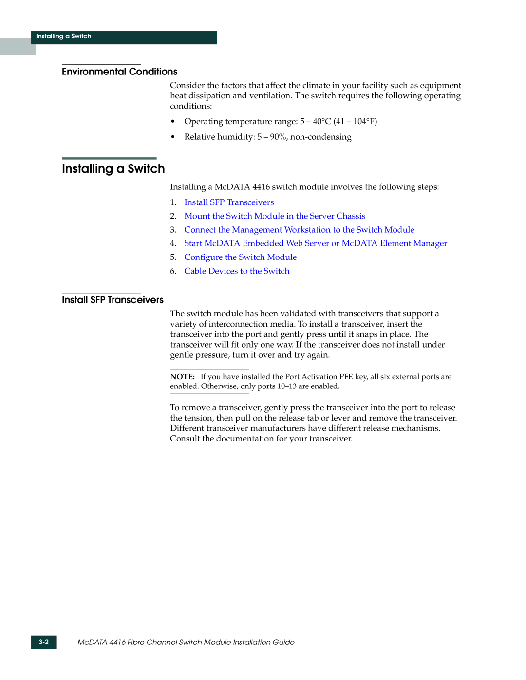 McDATA 4416 manual Installing a Switch, Environmental Conditions, Install SFP Transceivers 